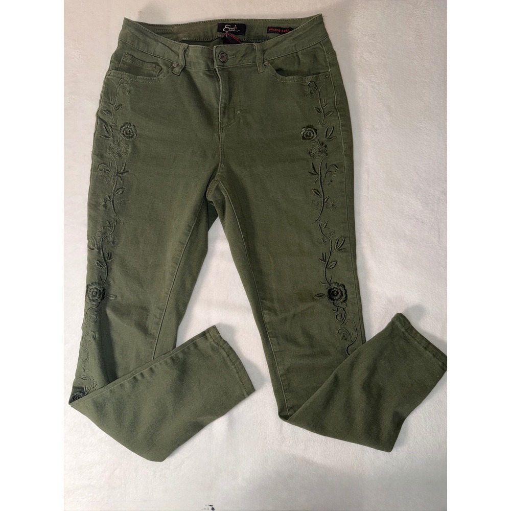 Earl Jean Womens Olive Green Floral Embroidered Skinny Ankle Pants Size 10 - Picture 3 of 12